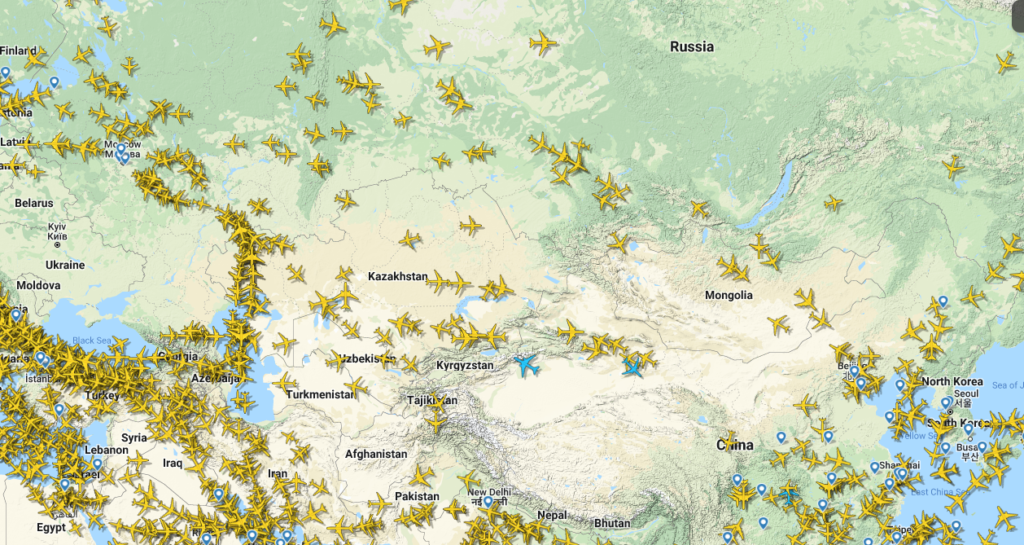 Drie keer zoveel vluchten over Kazachstan