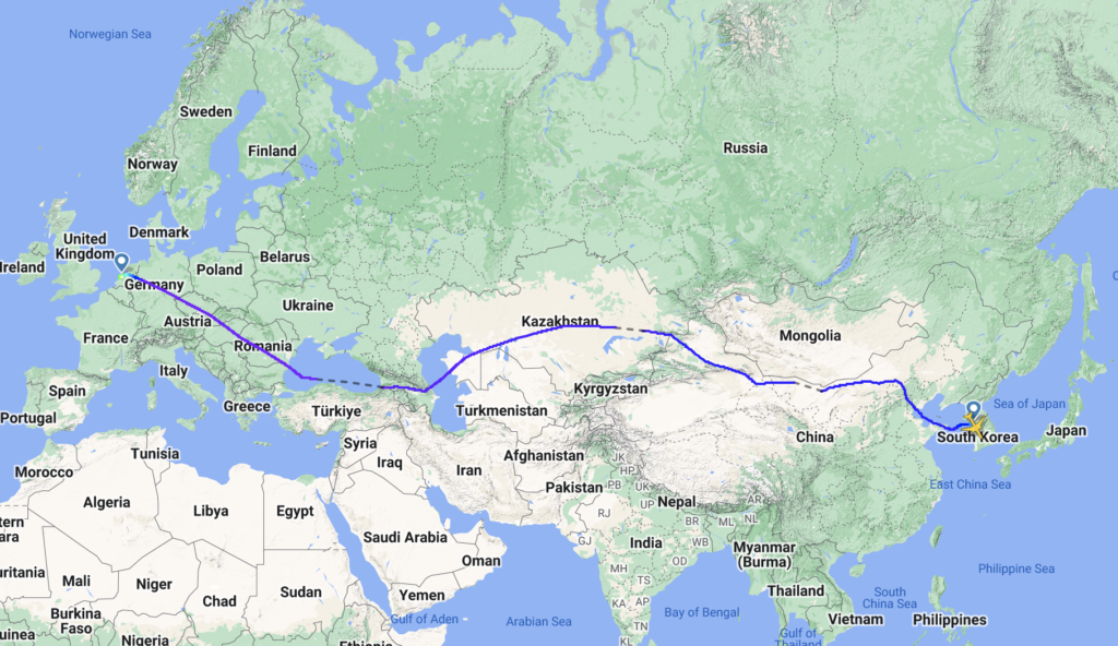 De route van Seoul Incheon International Airport naar Amsterdam Schiphol Airport © Flightradar24
