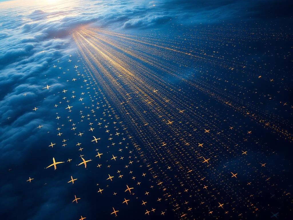 Luchtfoto van honderden vliegtuigsilhouetten tegen diepe blauwe lucht tijdens gouden uur, toont wereldwijde luchtvaart